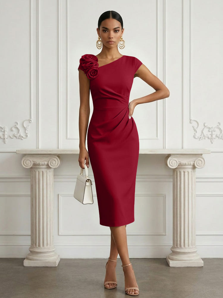 Jersey Sheath Asymmetric Neck Cocktail Dresses with 3D Flowers