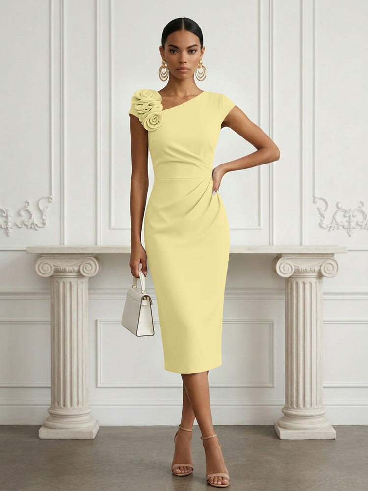 Jersey Sheath Asymmetric Neck Cocktail Dresses with 3D Flowers