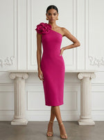 Jersey Sheath One Shoulder Cocktail Dresses with 3D Flowers