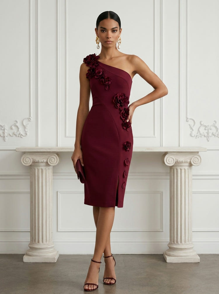 Jersey Sheath One Shoulder Cocktail Dresses with 3D Flowers