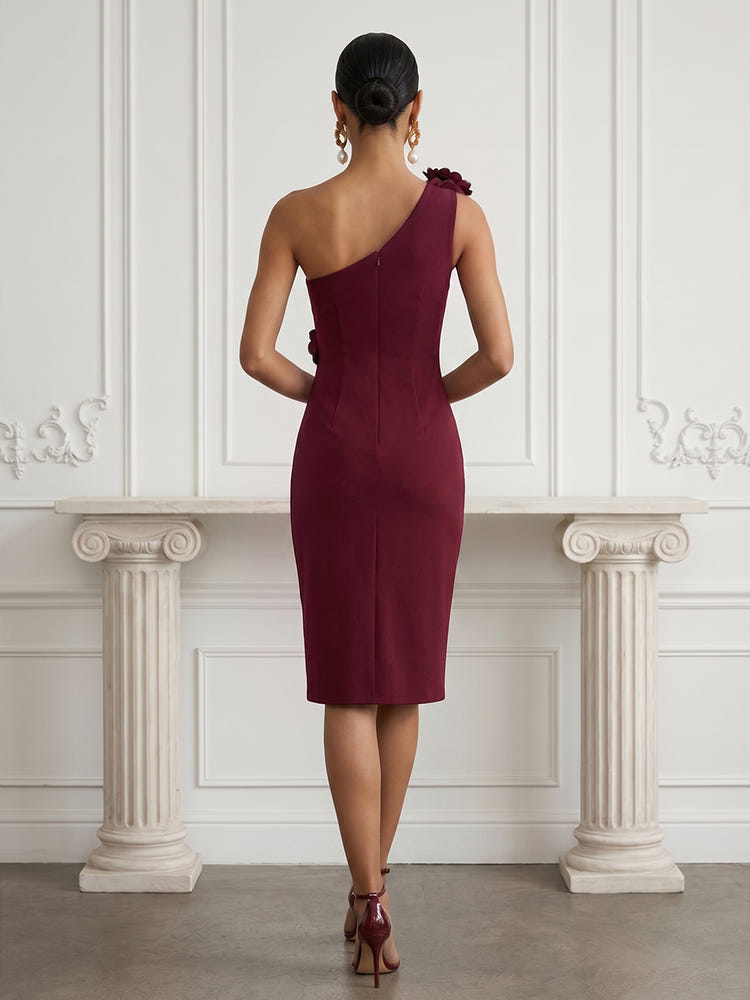 Jersey Sheath One Shoulder Cocktail Dresses with 3D Flowers
