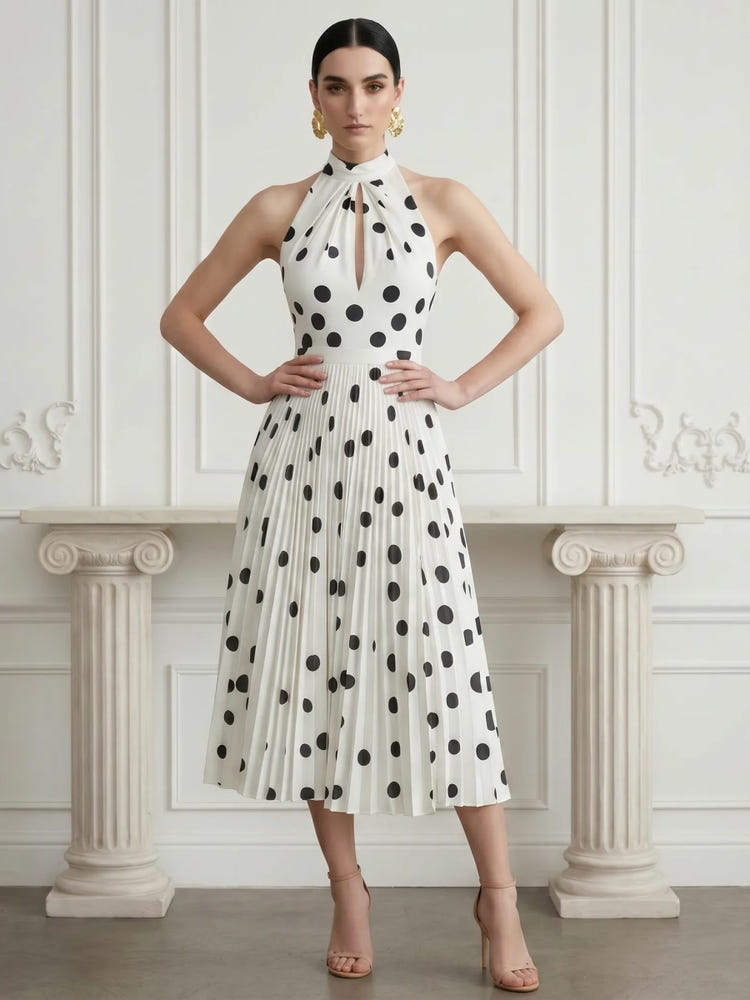 Chiffon A-Line Halter Polka Dot Cocktail Dresses