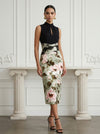 Satin Sheath High Neck Floral Print Cocktail Dresses