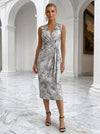 Satin Sheath V Neck Floral Print Cocktail Dresses