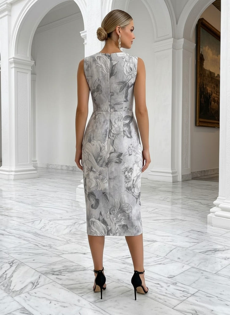 Satin Sheath V Neck Floral Print Cocktail Dresses
