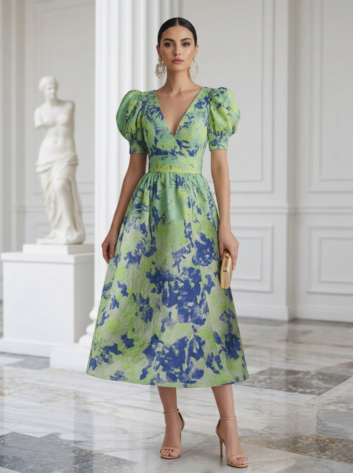 Jacquard A-Line V Neck Pleated Cocktail Dresses