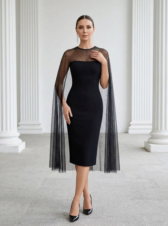Jersey Sheath Crew Neck Cocktail Dresses with Caps