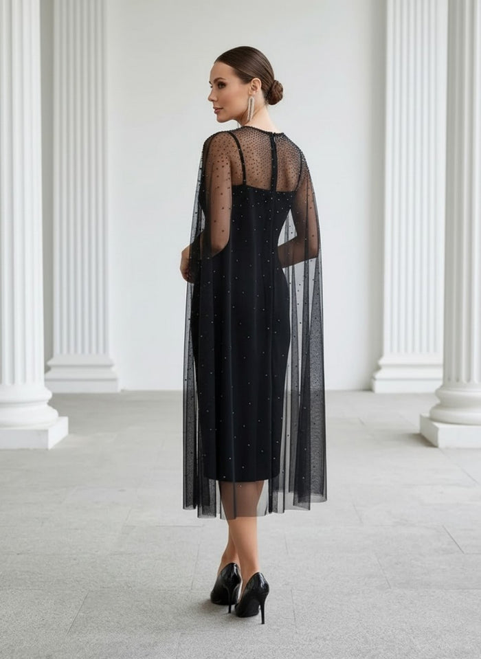 Jersey Sheath Crew Neck Cocktail Dresses with Caps