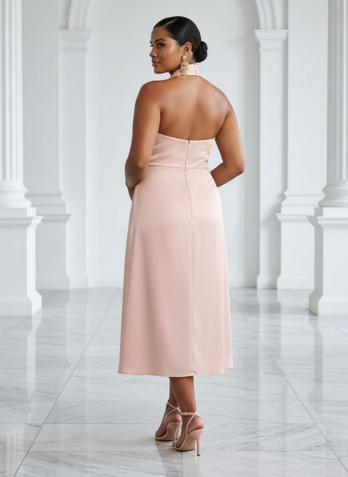 Satin A-Line Halter Pleated Cocktail Dresses