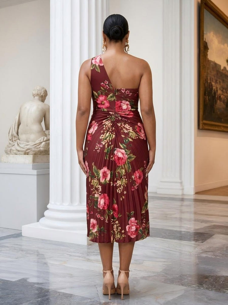 Satin Sheath One Shoulder Floral Print Cocktail Dresses