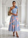 Satin A-Line One Shoulder Floral Print Cocktail Dresses