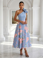Satin A-Line One Shoulder Floral Print Cocktail Dresses