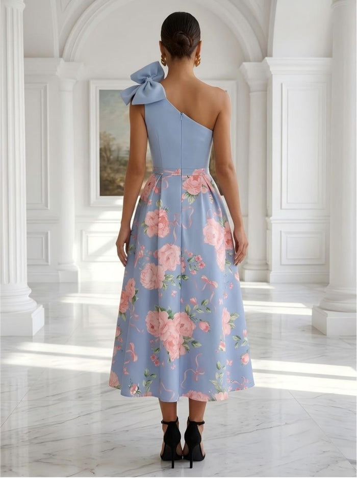 Satin A-Line One Shoulder Floral Print Cocktail Dresses