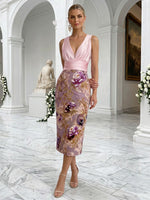 Jacquard Sheath V Neck Floral Embroidery Cocktail Dresses