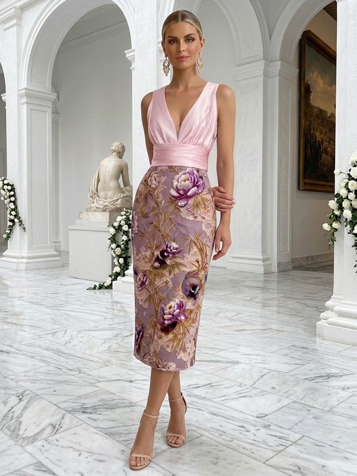 Jacquard Sheath V Neck Floral Embroidery Cocktail Dresses