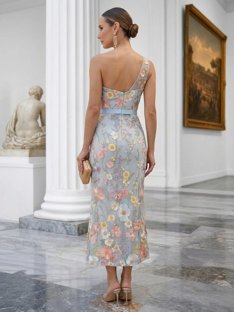 Tulle Sheath One Shoulder Floral Embroidery Cocktail Dresses