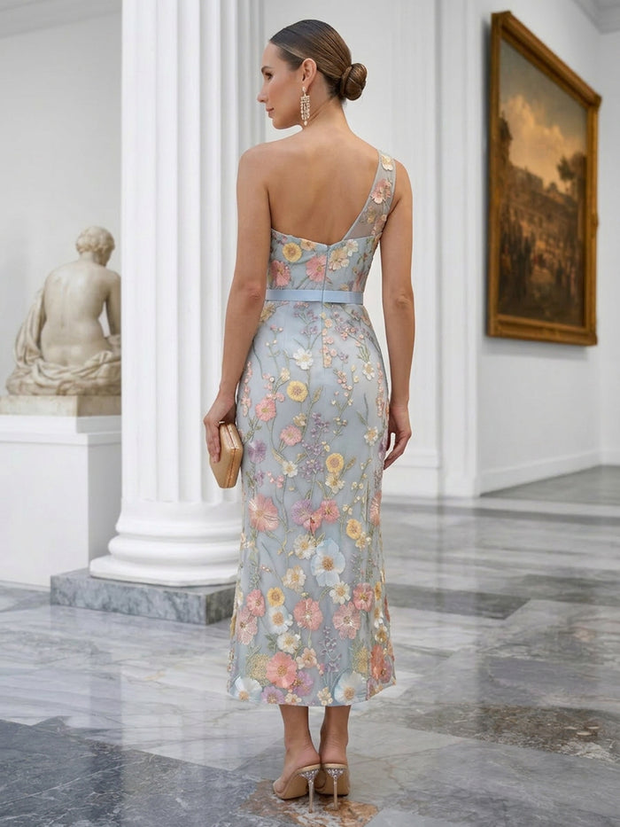 Tulle Sheath One Shoulder Floral Embroidery Cocktail Dresses