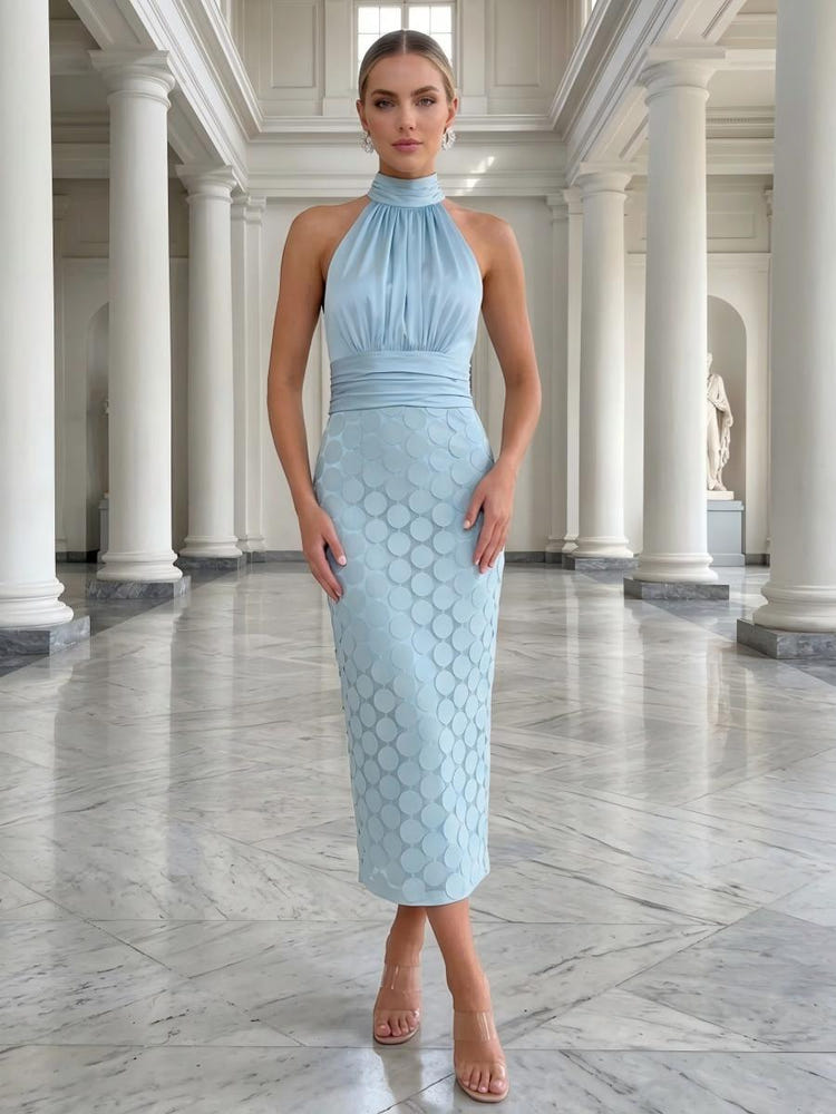 Satin Sheath High Neck Disc Rows Cocktail Dresses