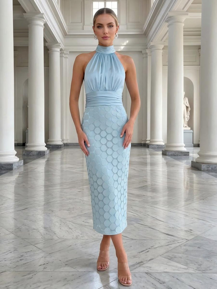Satin Sheath High Neck Disc Rows Cocktail Dresses
