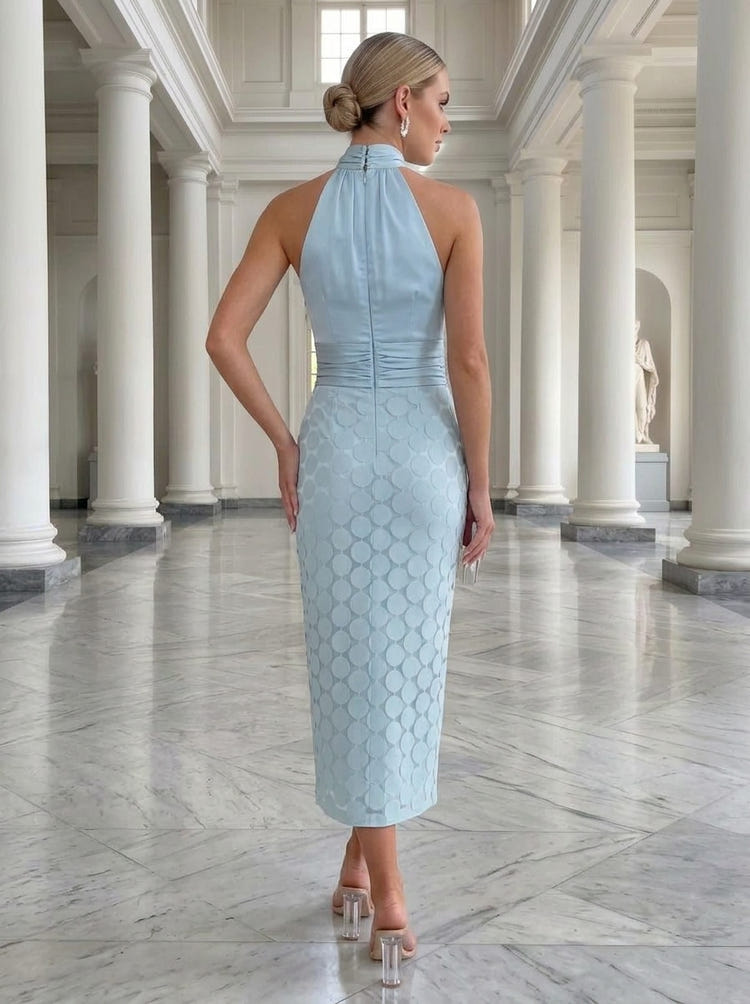 Satin Sheath High Neck Disc Rows Cocktail Dresses