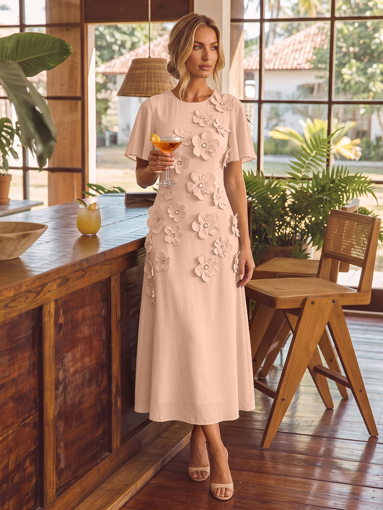 Chiffon A-Line Crew Neck Cocktail Dresses with 3D Flowers