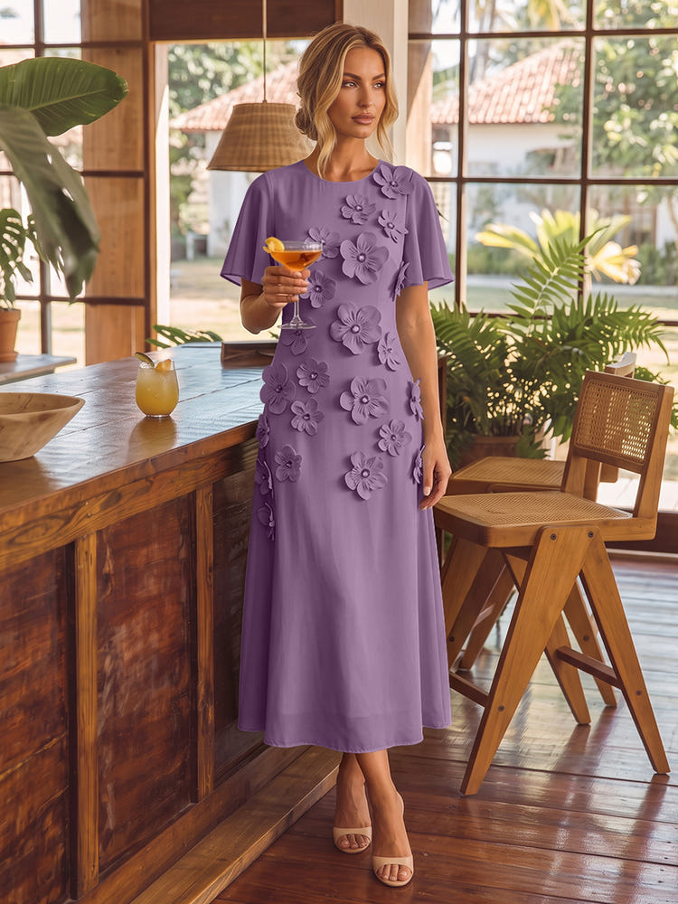Chiffon A-Line Crew Neck Cocktail Dresses with 3D Flowers