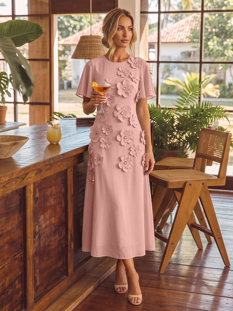 Chiffon A-Line Crew Neck Cocktail Dresses with 3D Flowers