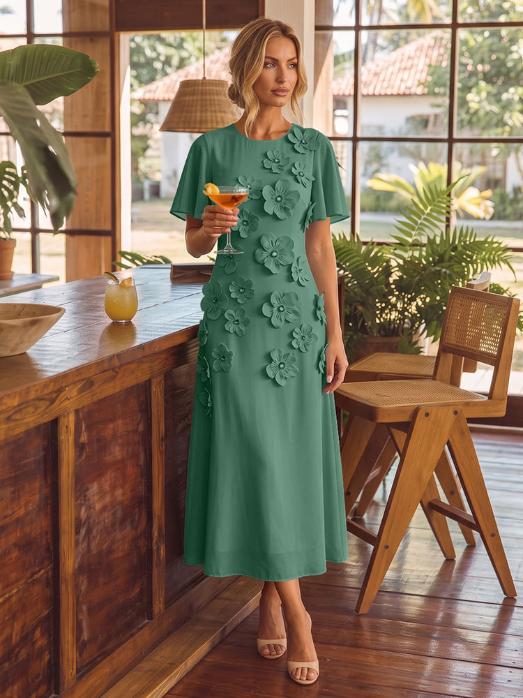 Chiffon A-Line Crew Neck Cocktail Dresses with 3D Flowers