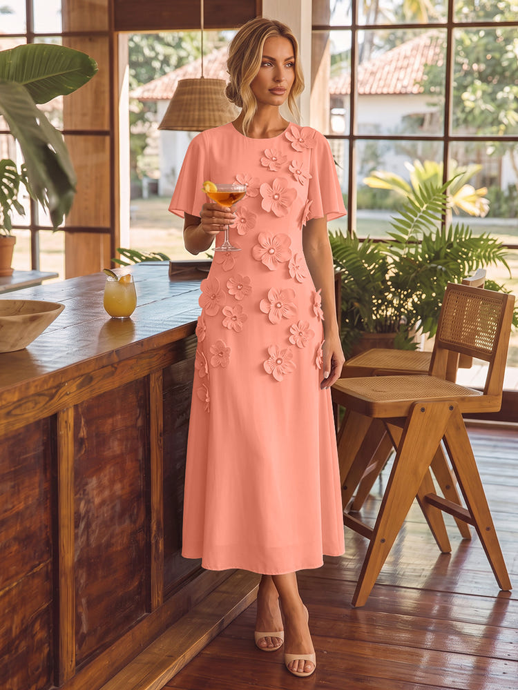 Chiffon A-Line Crew Neck Cocktail Dresses with 3D Flowers
