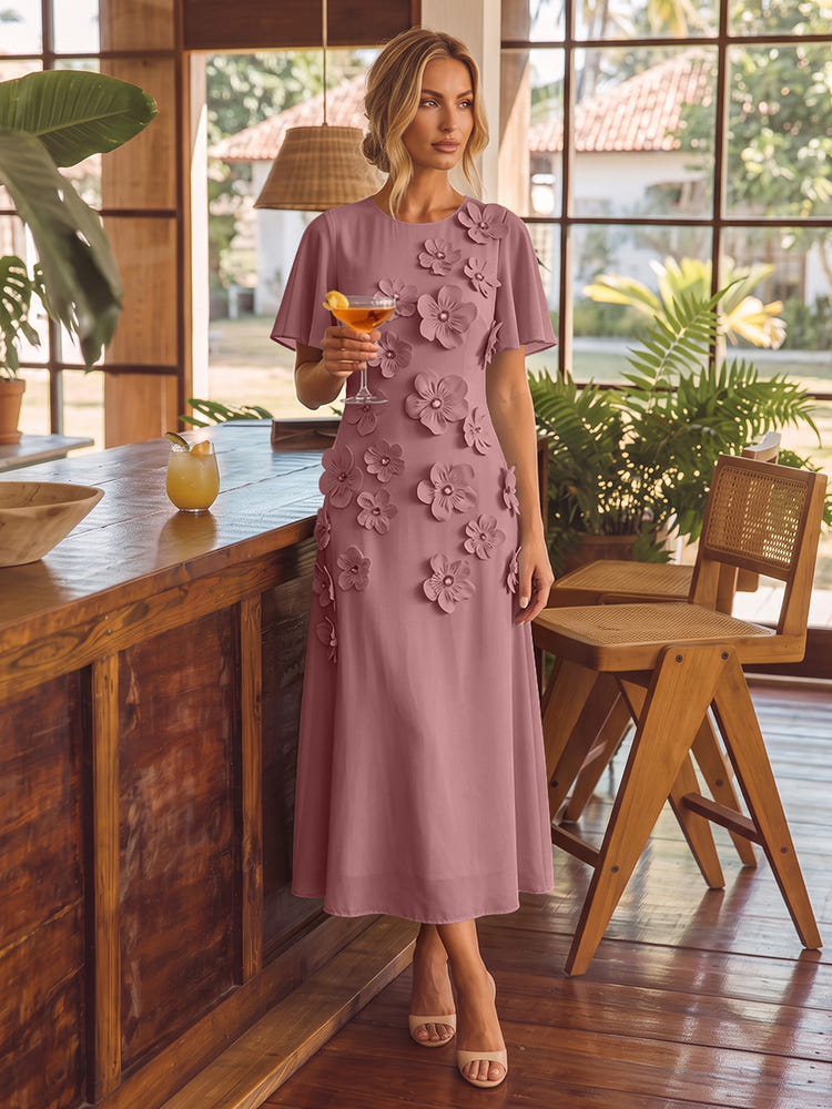 Chiffon A-Line Crew Neck Cocktail Dresses with 3D Flowers