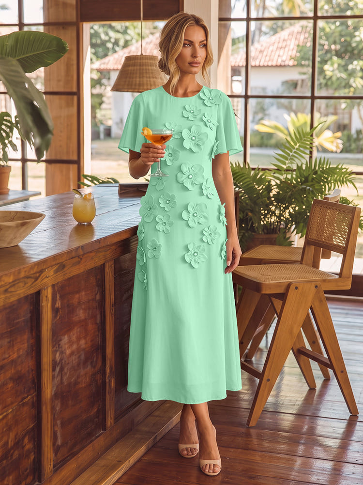 Chiffon A-Line Crew Neck Cocktail Dresses with 3D Flowers