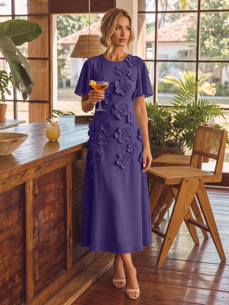 Chiffon A-Line Crew Neck Cocktail Dresses with 3D Flowers