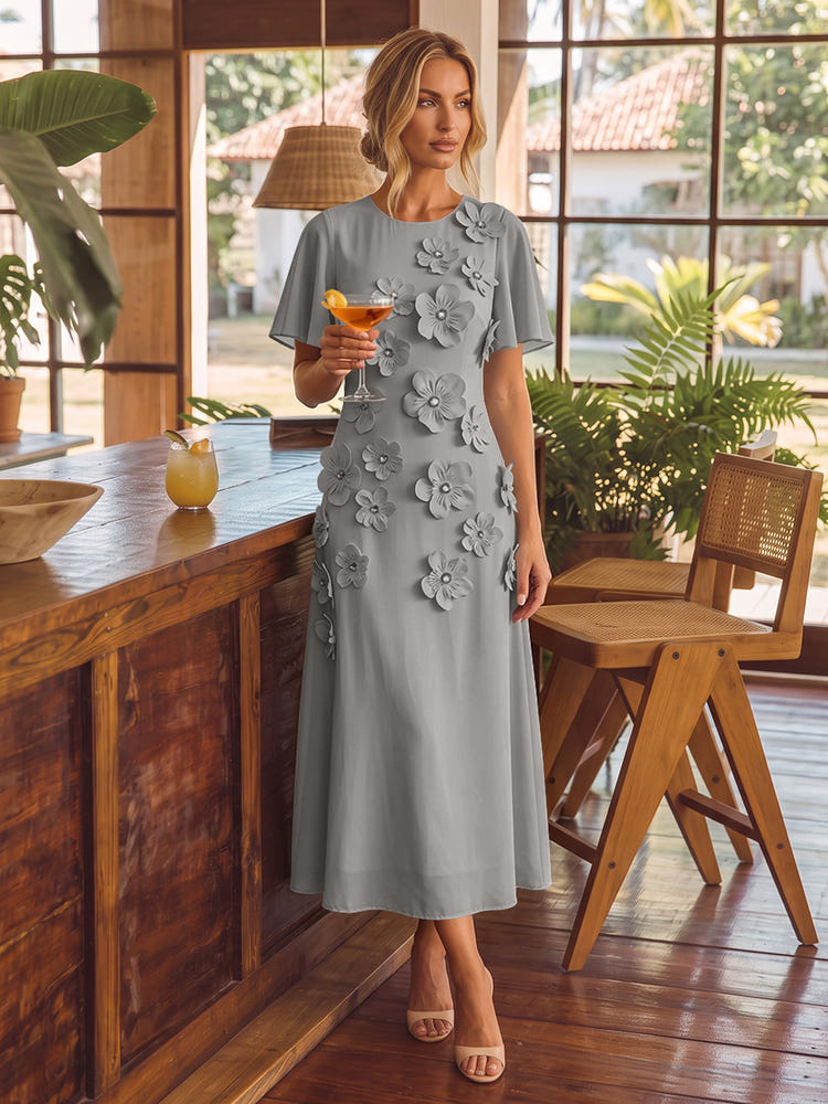 Chiffon A-Line Crew Neck Cocktail Dresses with 3D Flowers