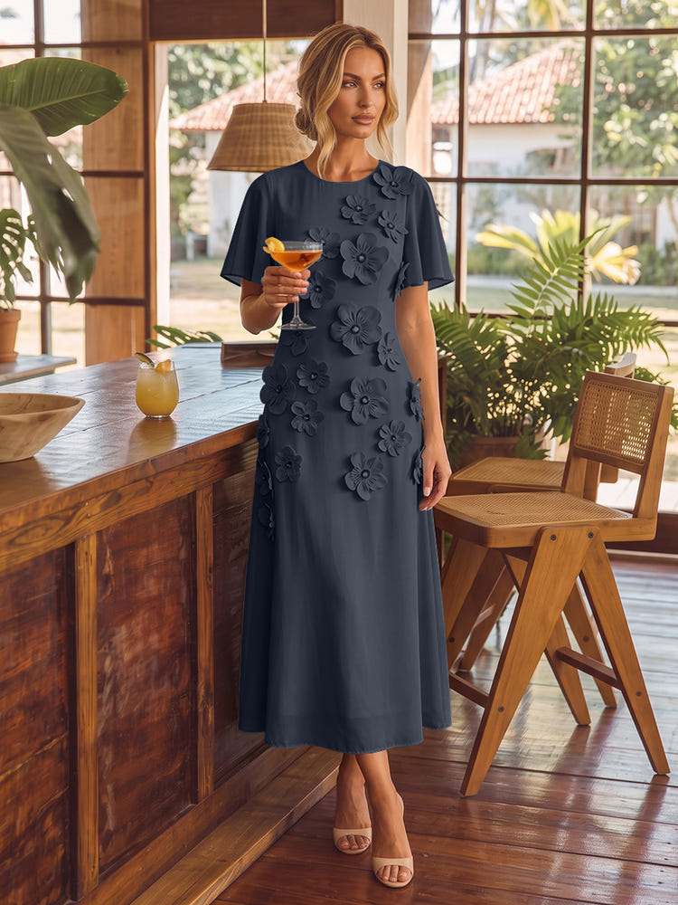 Chiffon A-Line Crew Neck Cocktail Dresses with 3D Flowers