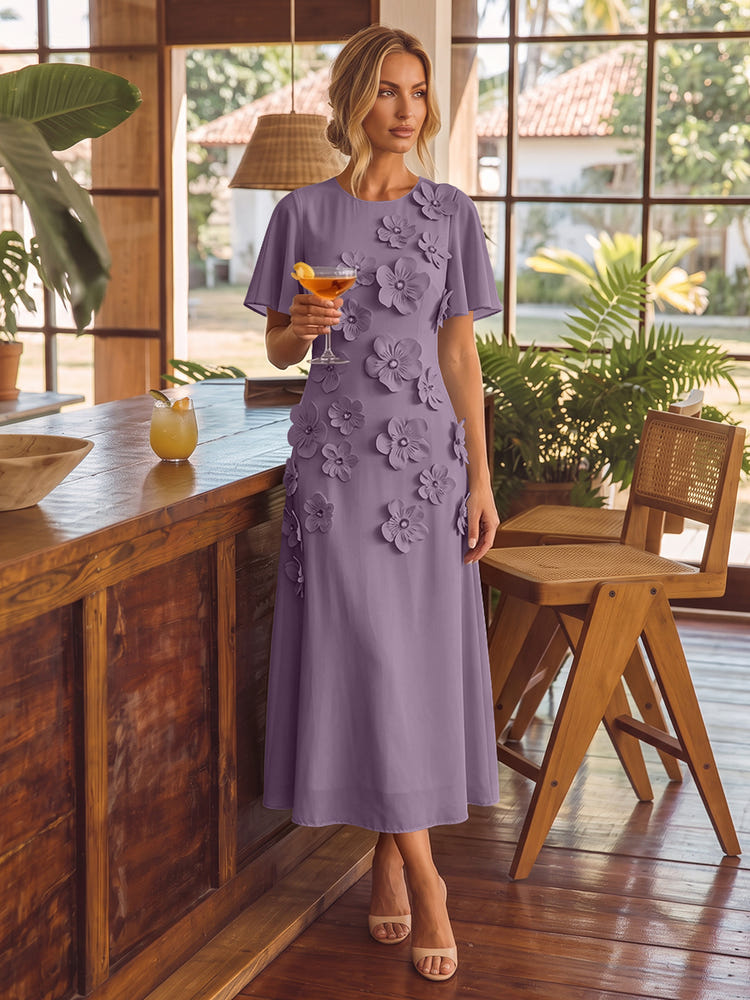 Chiffon A-Line Crew Neck Cocktail Dresses with 3D Flowers