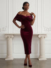 Velvet Sheath Off Shoulder Cocktail Dresses with Pleated