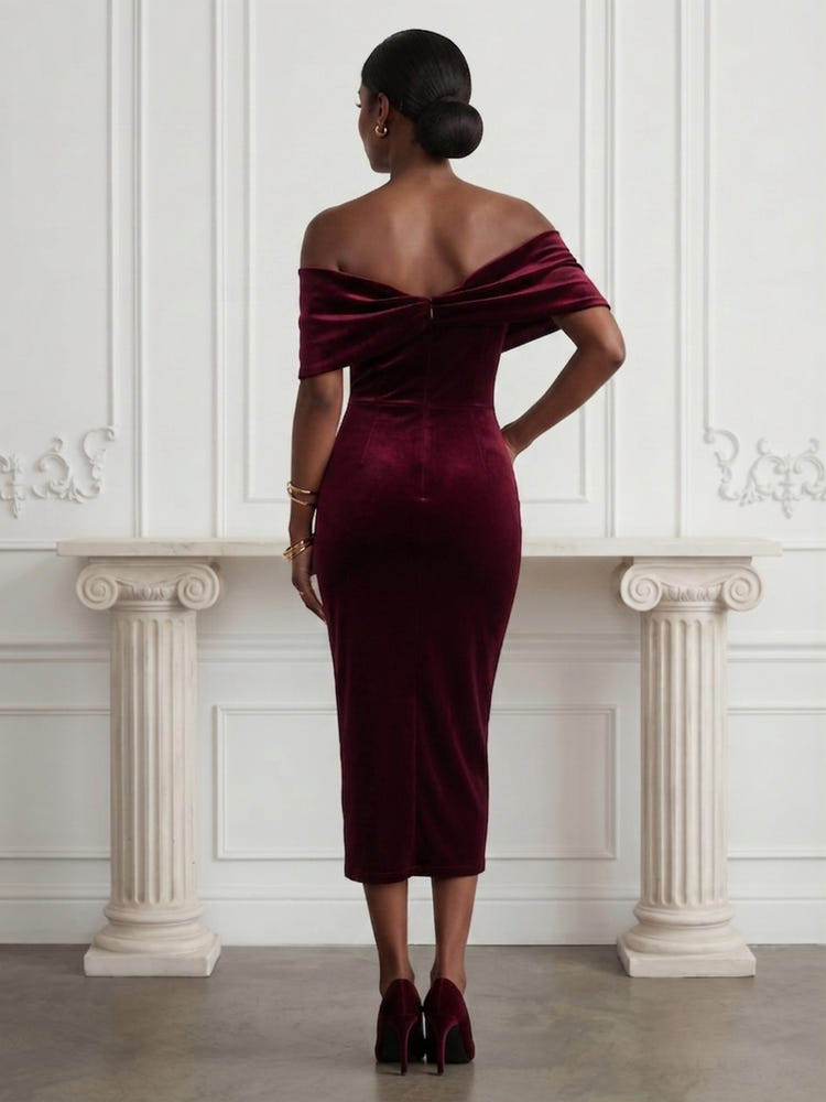 Velvet Sheath Off Shoulder Cocktail Dresses with Pleated