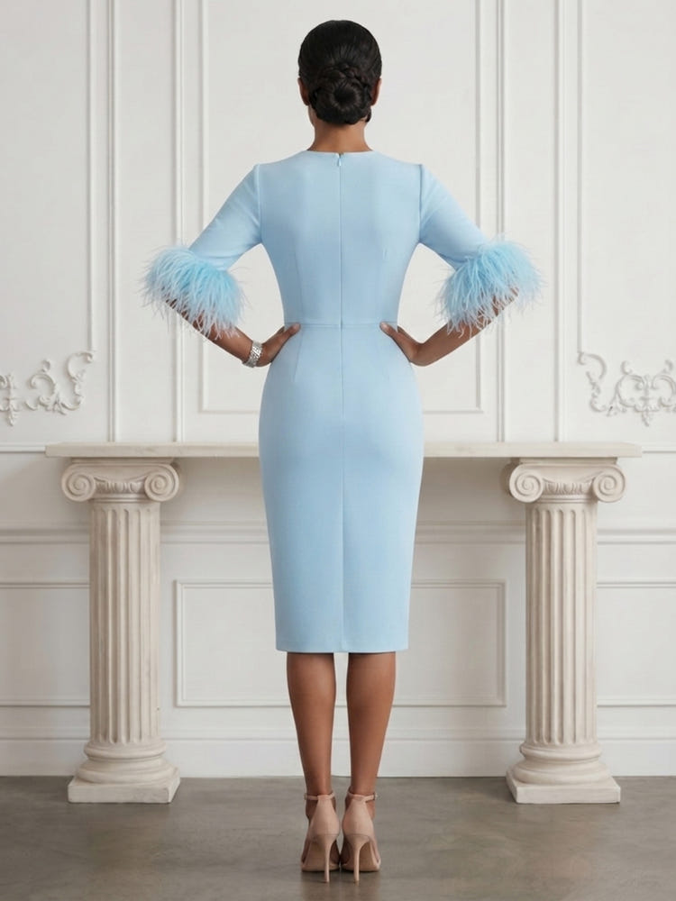 Jersey Sheath Crew Neck Cocktail Dresses with Feathers