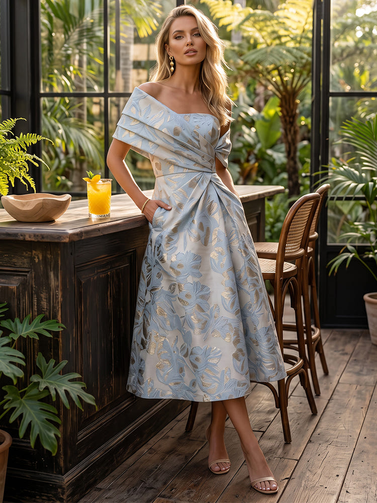 Jacquard A-Line Off Shoulder Cocktail Dresses with Pleated