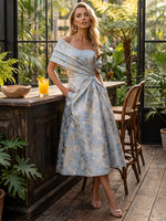 Jacquard A-Line Off Shoulder Cocktail Dresses with Pleated