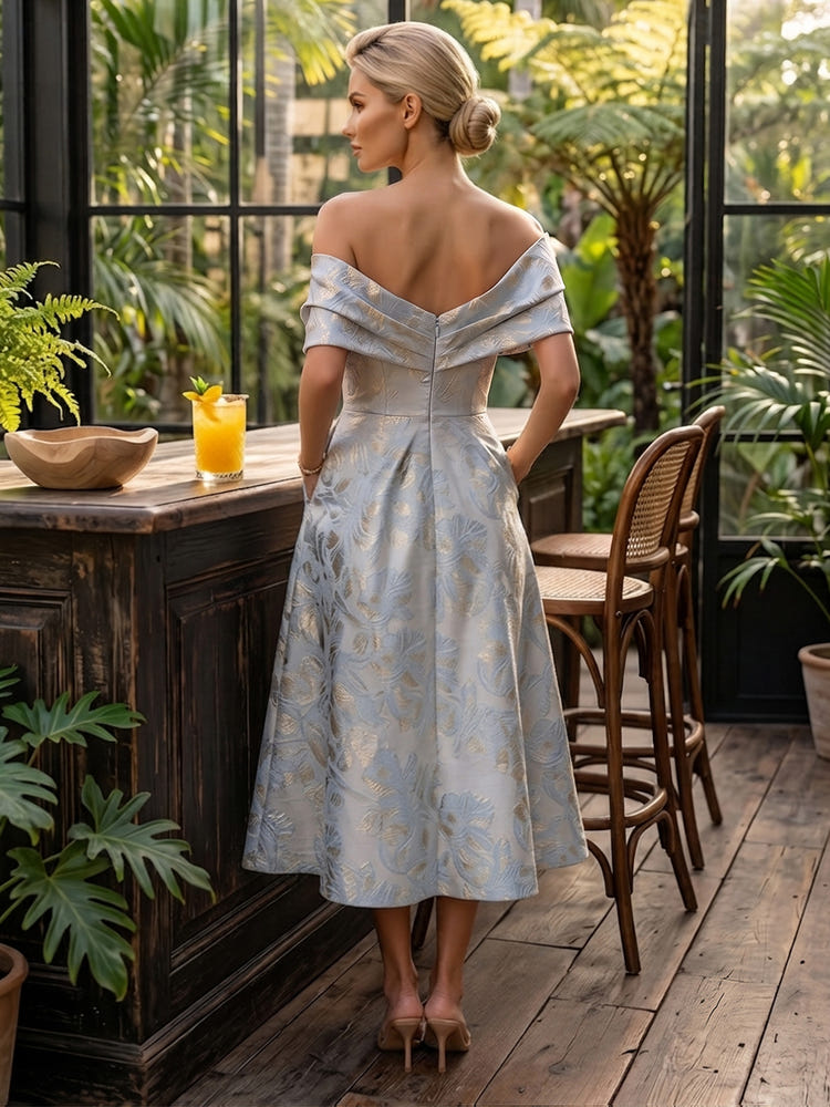 Jacquard A-Line Off Shoulder Cocktail Dresses with Pleated