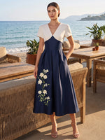 Satin A-Line V Neck Cocktail Dresses with Floral Print