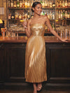 Metallic Foil Chiffon A-Line Strapless Cocktail Dresses with Delicate Pleated