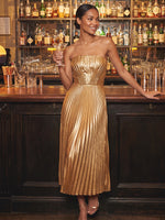 Metallic Foil Chiffon A-Line Strapless Cocktail Dresses with Delicate Pleated