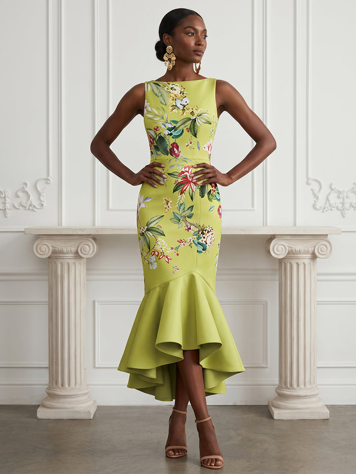 Satin Mermaid Boat Neck  Cocktail Dresses with Floral Print