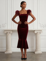 Velvet Mermaid Square Neck Cocktail Dresses with Feathers