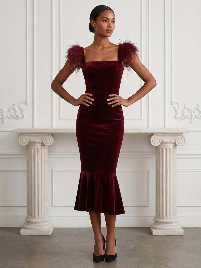 Velvet Mermaid Square Neck Cocktail Dresses with Feathers