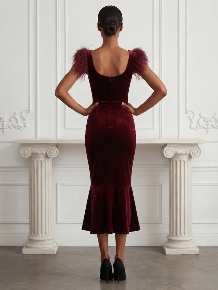 Velvet Mermaid Square Neck Cocktail Dresses with Feathers