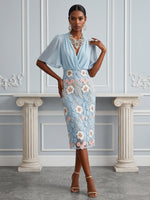 Chiffon Sheath V Neck Cocktail Dresses with Floral Embroidery