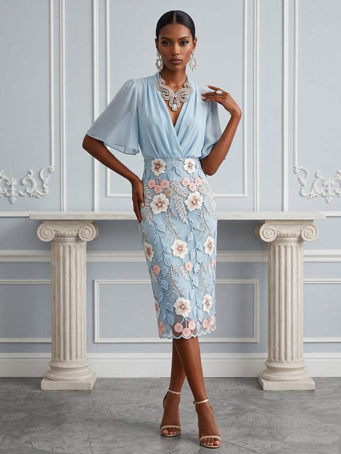 Chiffon Sheath V Neck Cocktail Dresses with Floral Embroidery